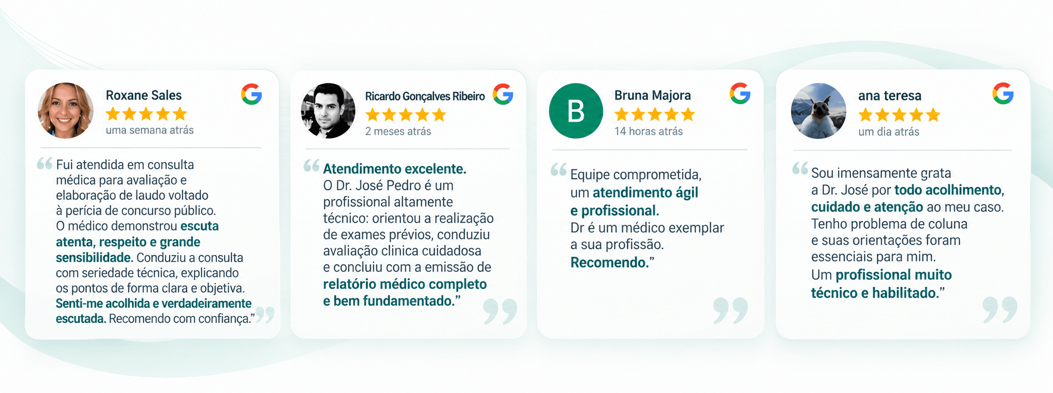 Depoimentos de Roxane Sales, Ricardo Gonçalves Ribeiro, Bruna Majora e ana teresa, todos com cinco estrelas no Google.